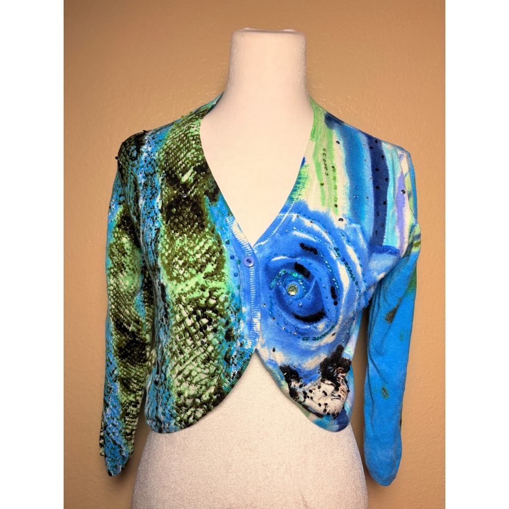 Y2K Avvenire Snakeskin Abstract Sequin Cropped Cardigan Sweater Medium #9